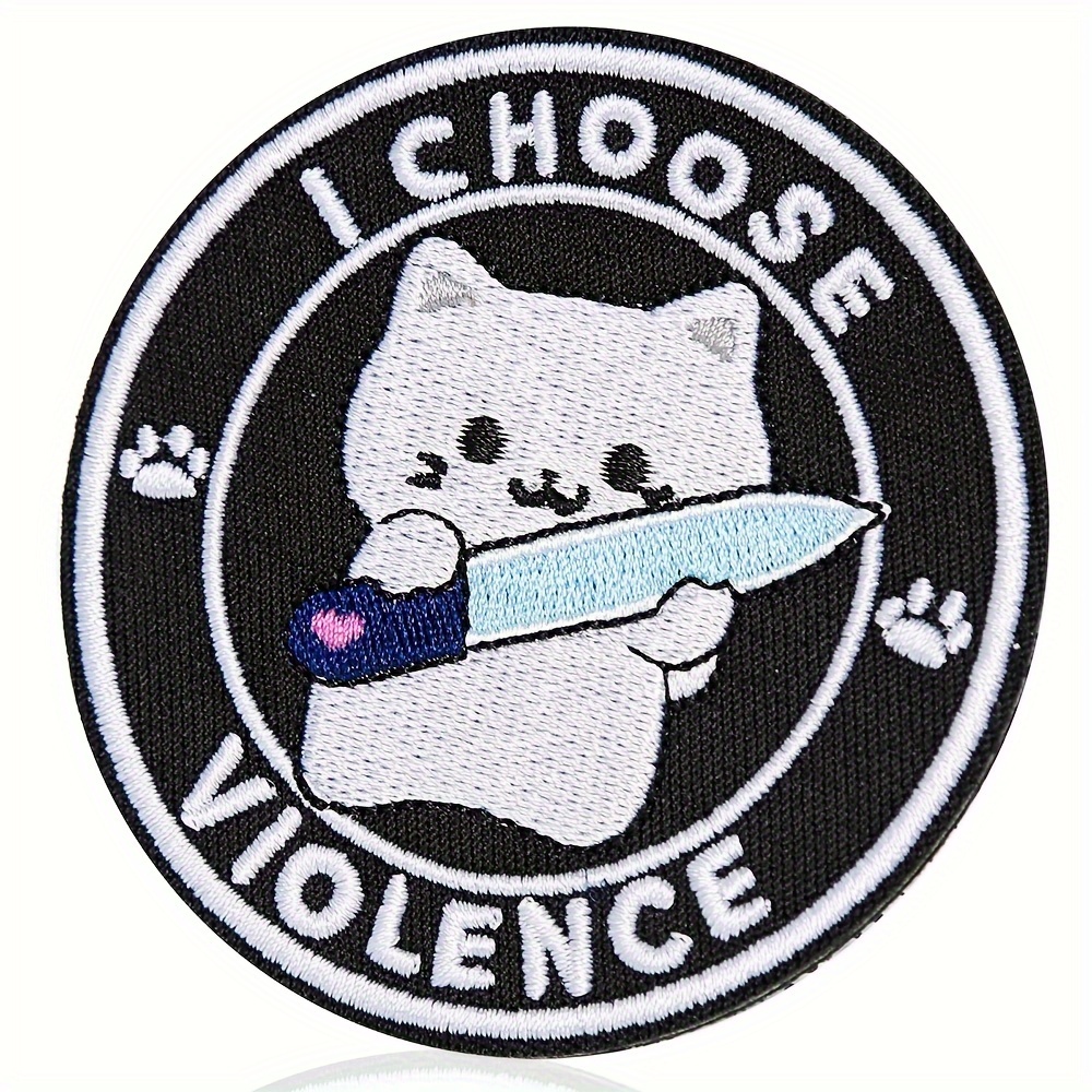 

Aetius 1 Pc 3" Embroidered Cat - "i Choose Violence" Phrase, White & Black Appliqué With Light Blue Accent For Backpack, Dog Harness, Military Vest, Gym Bag, Hat, Helmet