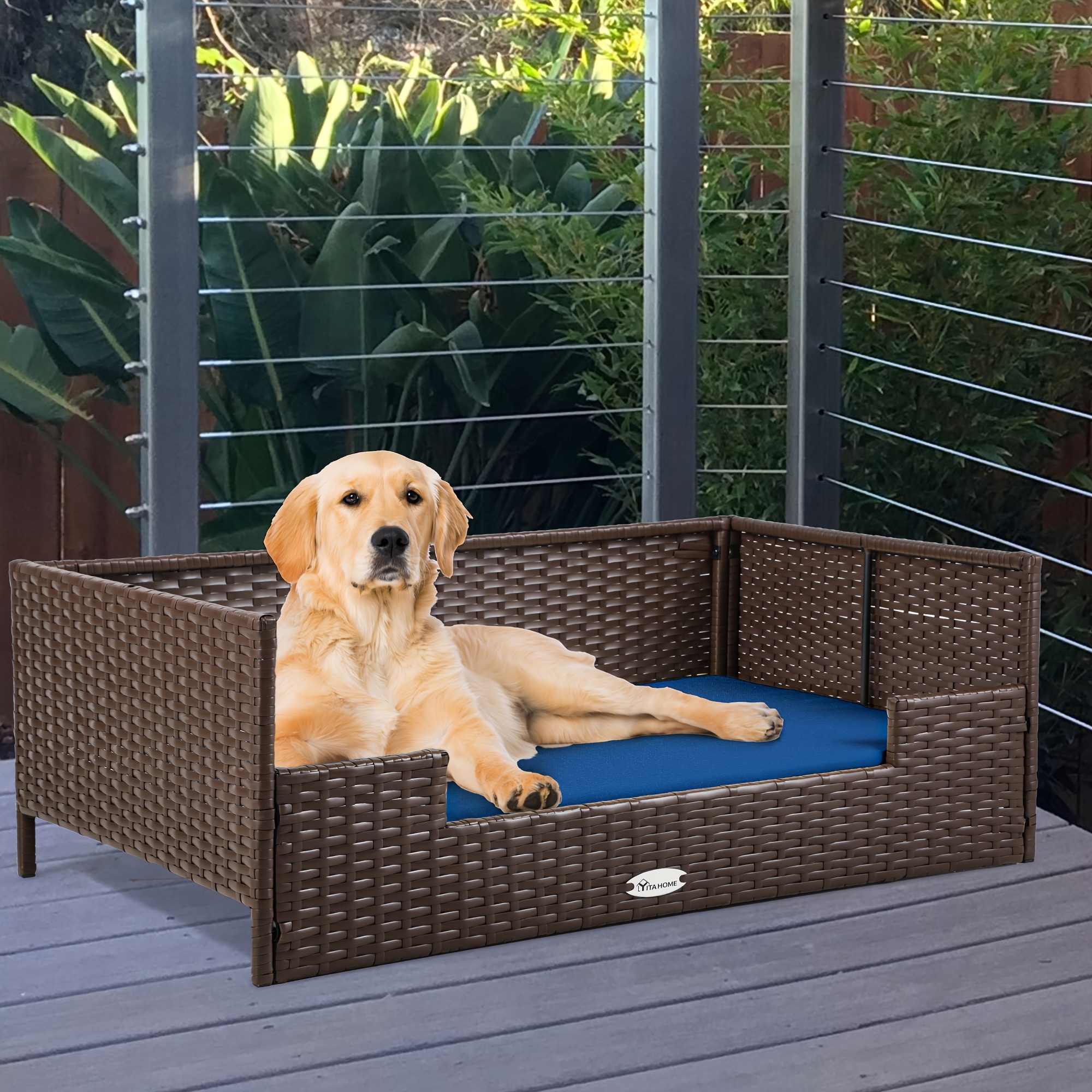 

Yarsca Rattan Dog Bed With Cushion, Wicker Pet Bed Sofa Couch Indoor Outdoor Water Resistant For Large Medium Small Dogs Cats