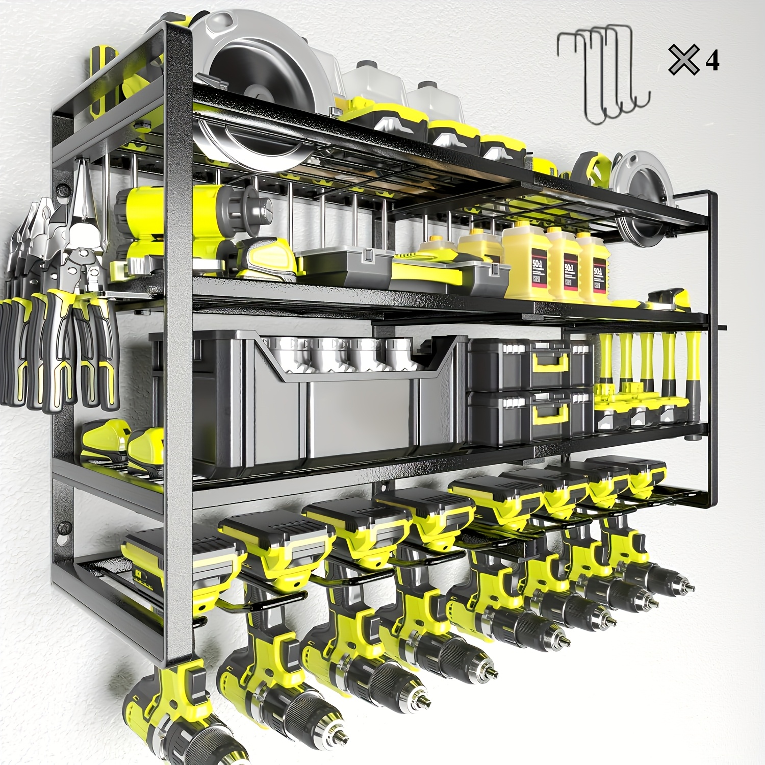TEMU 4-tier Electric Tool Organizer, 3-layer Heavy-duty Metal Storage Rack, Wall-mounted, Garage Organizing Rack With Screwdriver And Hammer Holder,