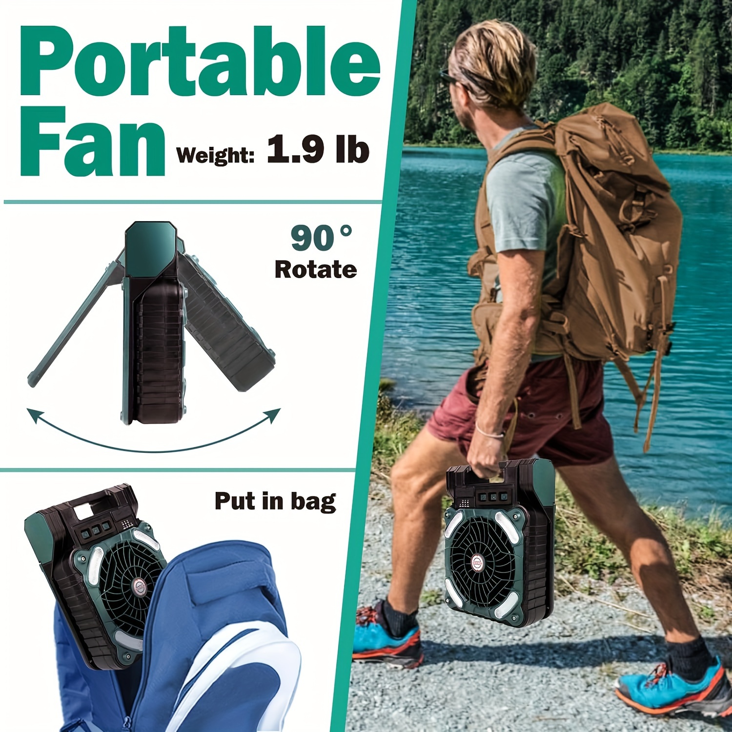 portable solar rechargeable fan 5200 mah type c charging 4 speeds adjustable brushless with and led timer for camping details 3