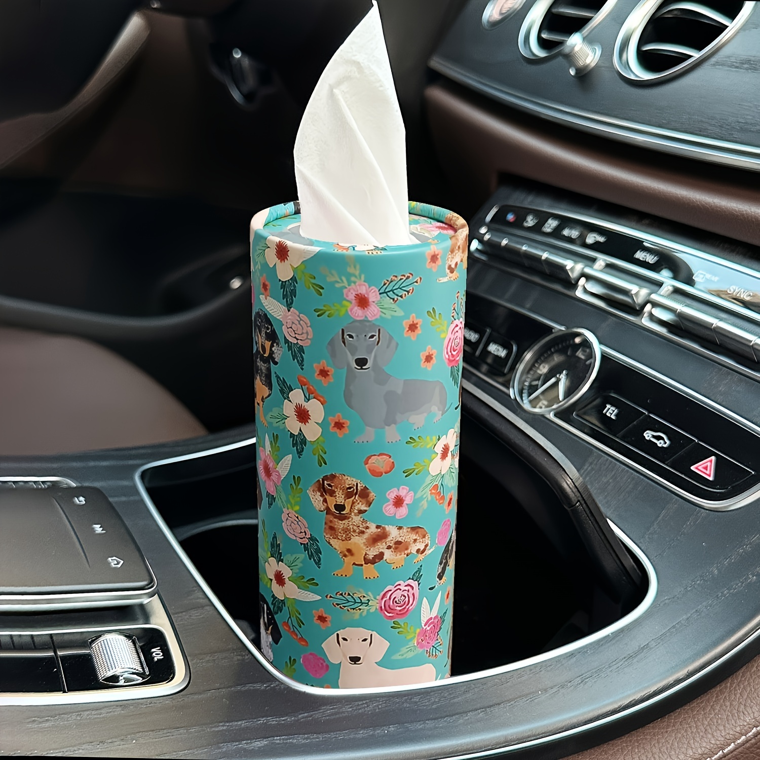 

1pc Dachshund Dog & Round Car Holder With Facial Tissues - Compact Travel Cylinder For Car Cup Holder, Home, Or Dining Table Use, Holder For Car