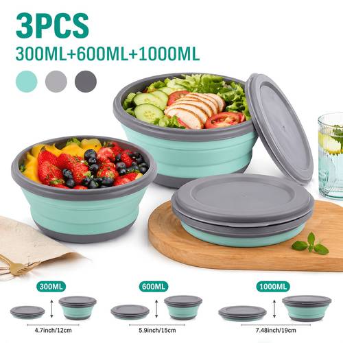 3pcs set silicone folding bowls with lid portable utensils for outdoor travel picnics and camping kitchen expandable folding salad plate food bowls christmas valentines day gift diameter4 7 5 9 7 48in