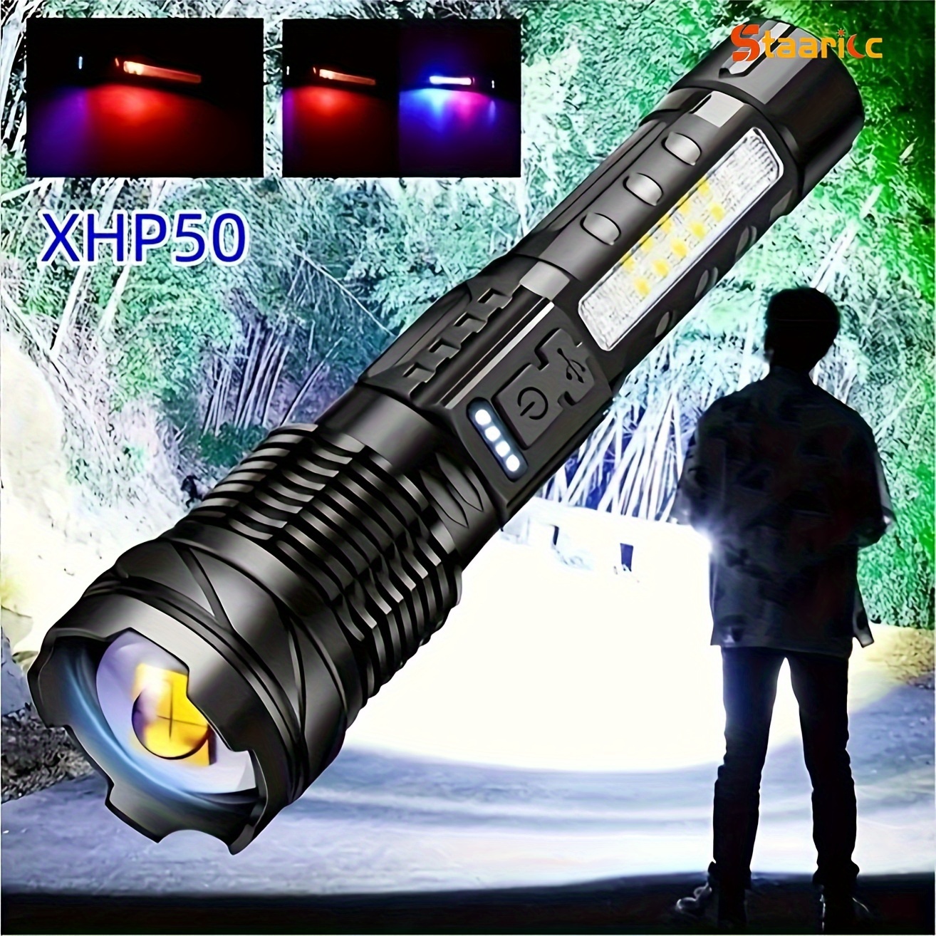 

1pc Staaricc Super Strong Rechargeable Flashlight, Flood Light For Outdoor Camping, Fishing, Hunting, Climbing, Adventure Emergency, Hiking