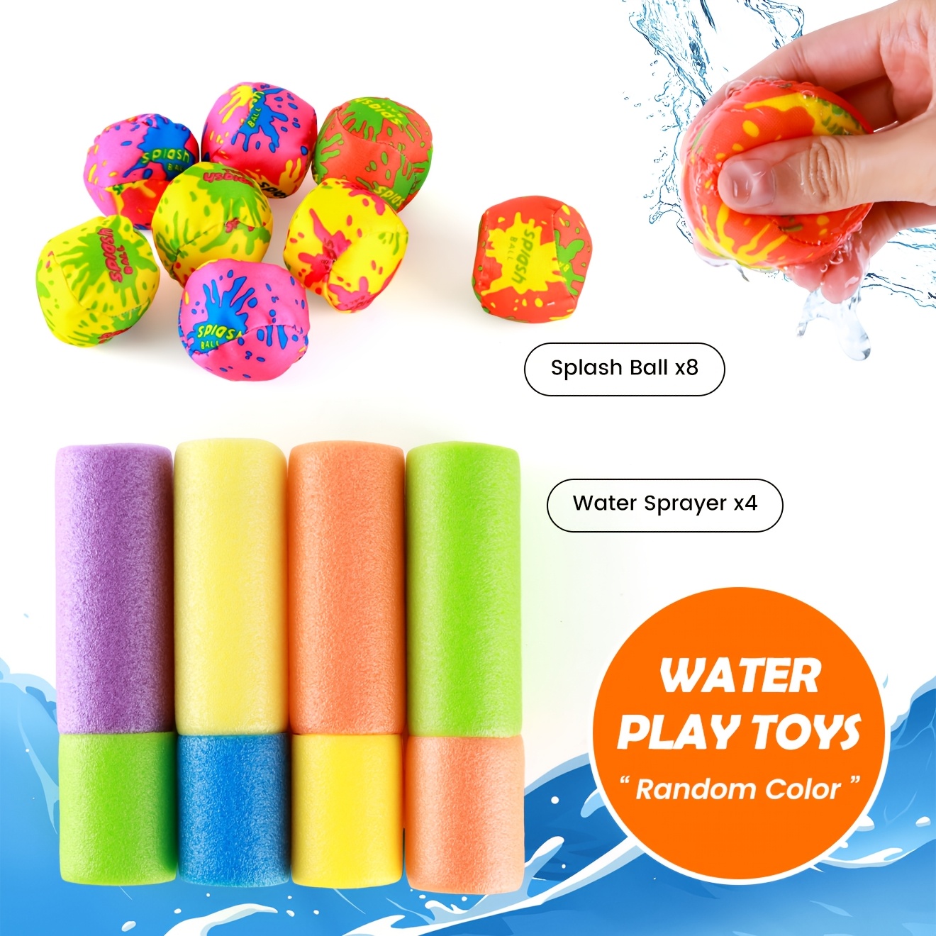 Image of 12pcs Water Sprayer & Toys | Pool Toys For Kids | 4 Pull-out Foam Water Sprayers + 8 Splash Balls | Summer Outdoor Beach Pool Play | Random Color