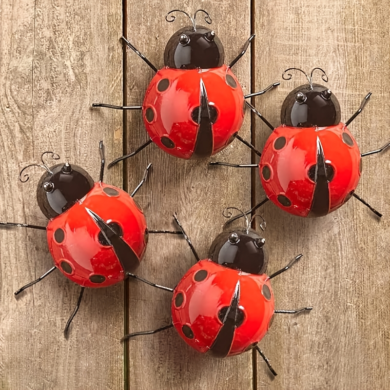 TEMU 【3d】 4pcs Red Cute Metal Large Simulated Ladybugs Garden Wall Fence Decor