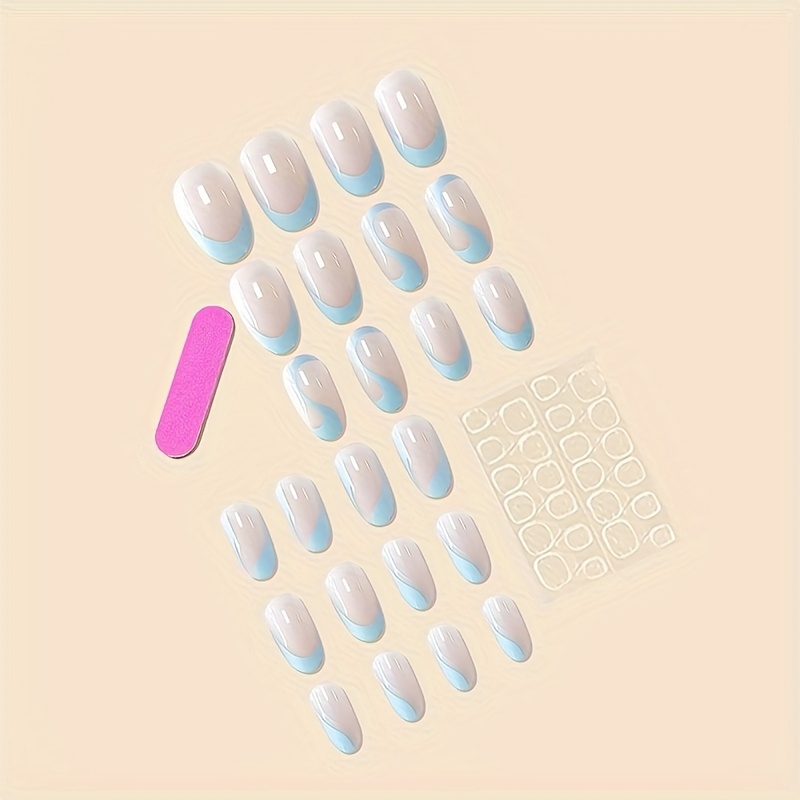 TEMU 24pcs Medium-length Oval Light Blue Water Full-cover Press-on Nail Set With Jelly Glue And Nail File, Suitable For Women/ For Parties, Dances,