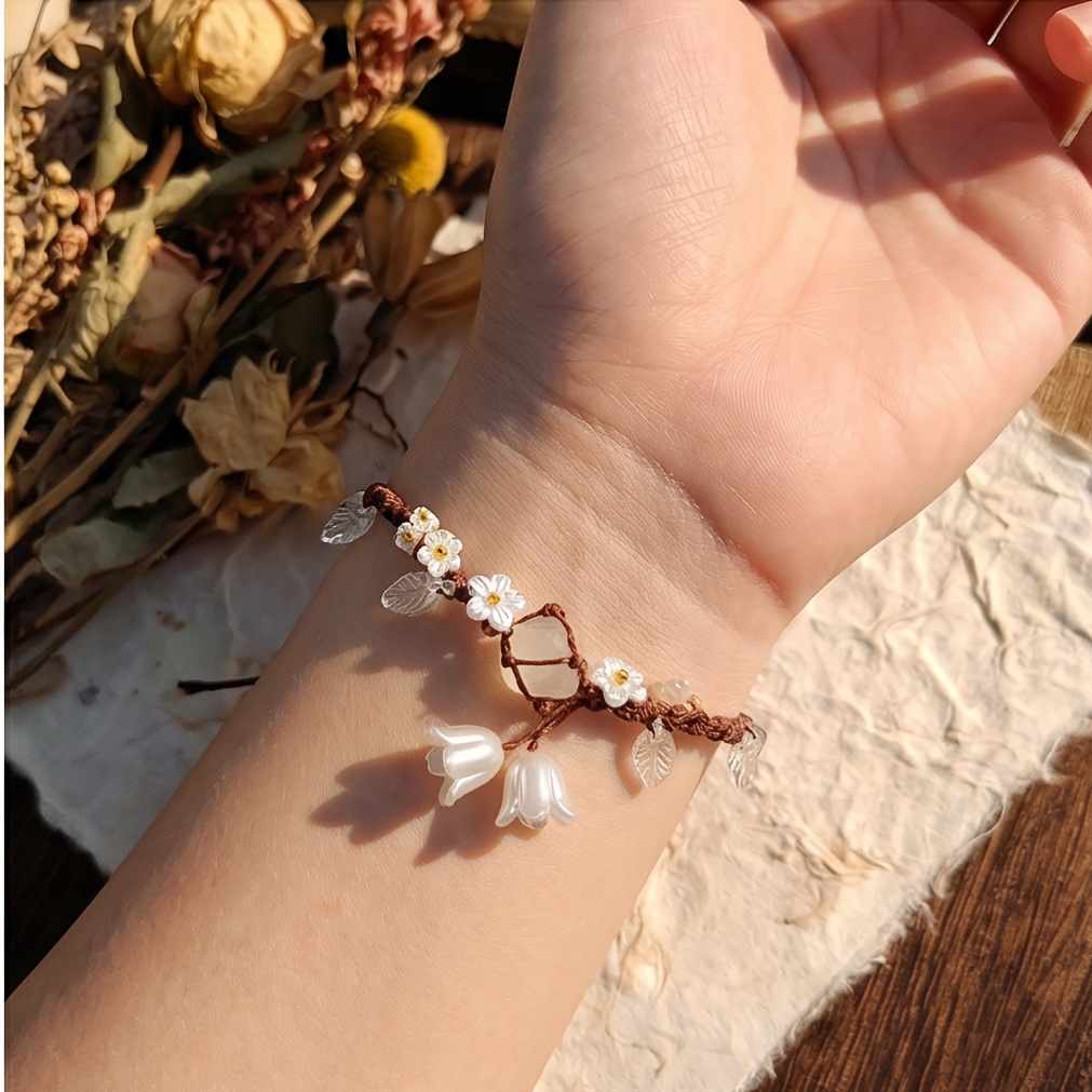 TEMU Hand-woven Lily Of The Valley Mesh Pouch White Bracelet For Women, Brown Rope Woven Forest-style Fairy Bracelet With White Small Flowers +