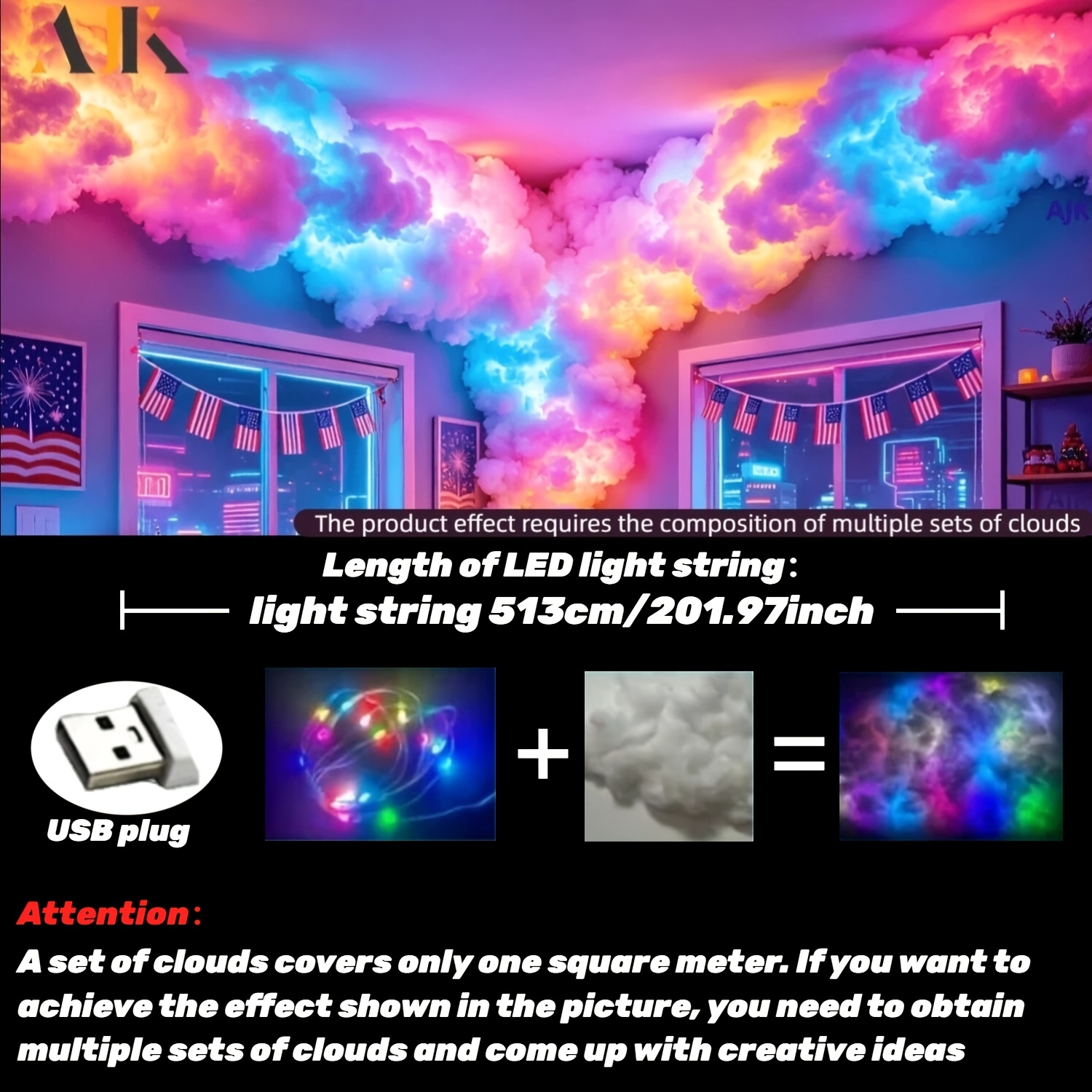 TEMU Ajk 201.97-inch Large Light With Music Sync Function, Modern Neon Light Effect Gradient Color-changing Light - Plug-and- Home Decoration For