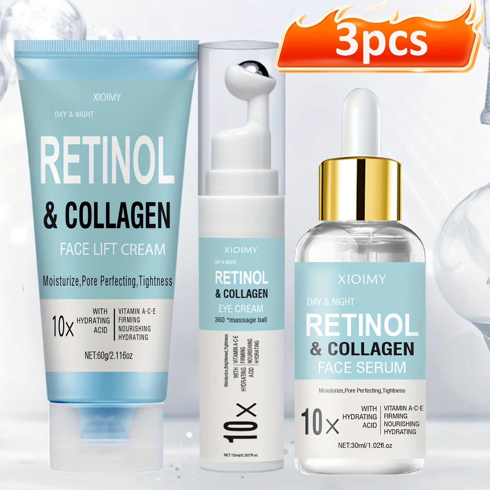 3pcs 10X Collagen And Retinol Facial Care Package, with Multiple Effects to Care Facial Skin, Including Facial Mask, Eye Cream, Essence, Face Cream, Smooth And Delicate Skin, Farewell to Dry And Dull Skin, And The Best Gift Package