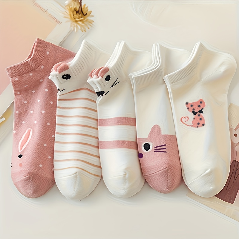 TEMU Cute Cartoon Cat Print: 5-pack Women's Low-cut Socks - Lightweight Breathable Fabric, Solid Colors, Perfect For Flats And Sneakers, , Adorable