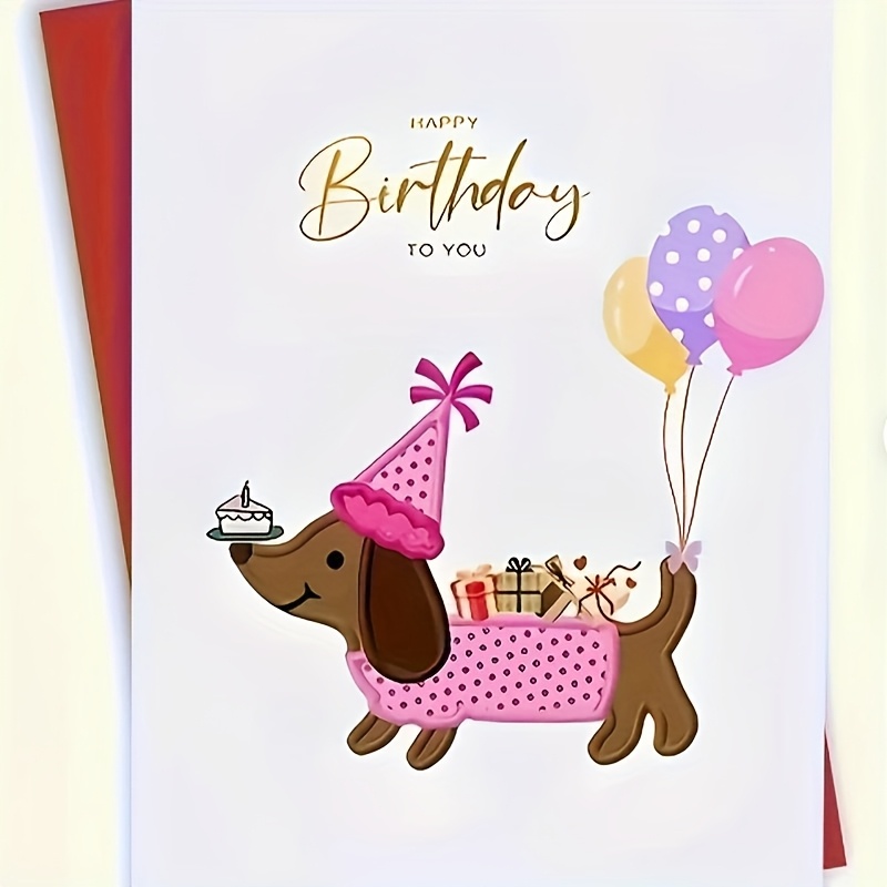 Image of 1pc Fun Dachshund Birthday Card With Envelope - Cute Party Hat, Balloon, And Gift - Perfect For Any Celebration, Ideal Best Friend Gift