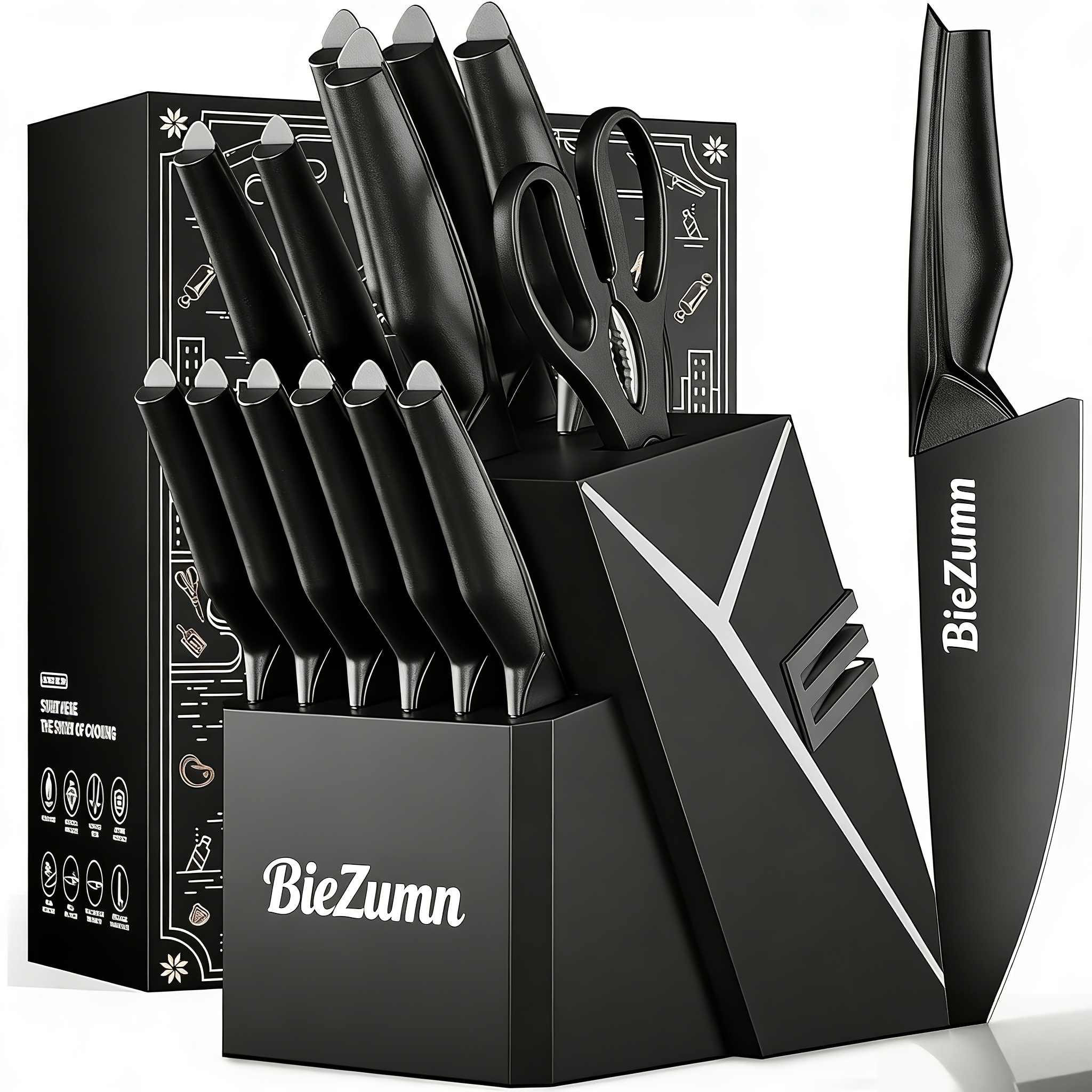 biezumn 15pcs sharp kitchen knife set black non stick coated stainless steel knife set with block and sharpener complete knife collection for home and kitchen