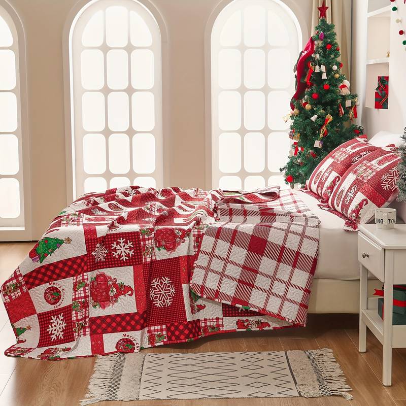 FRAMICS Christmas Quilt King Size 3 Pieces Christmas Tree Quilt Sets - Ultrasonic Quilting Technology White Bedspread With 2 Pillow Shams Holiday