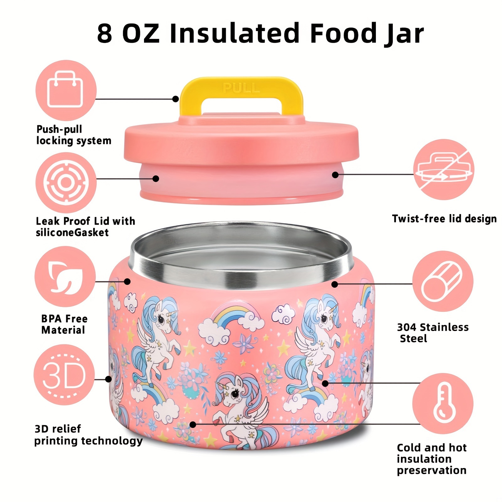 

8oz Soup Jar For Hot Food Kids, Kids Insulated Food Containers, Leak Proof Stainless Steel Wide Mouth Lunch Food Container For School