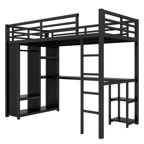 queen loft bed with desk and storage shelves queen loft bed with wardrobe hanging rod and ladder space saving design mattress not included