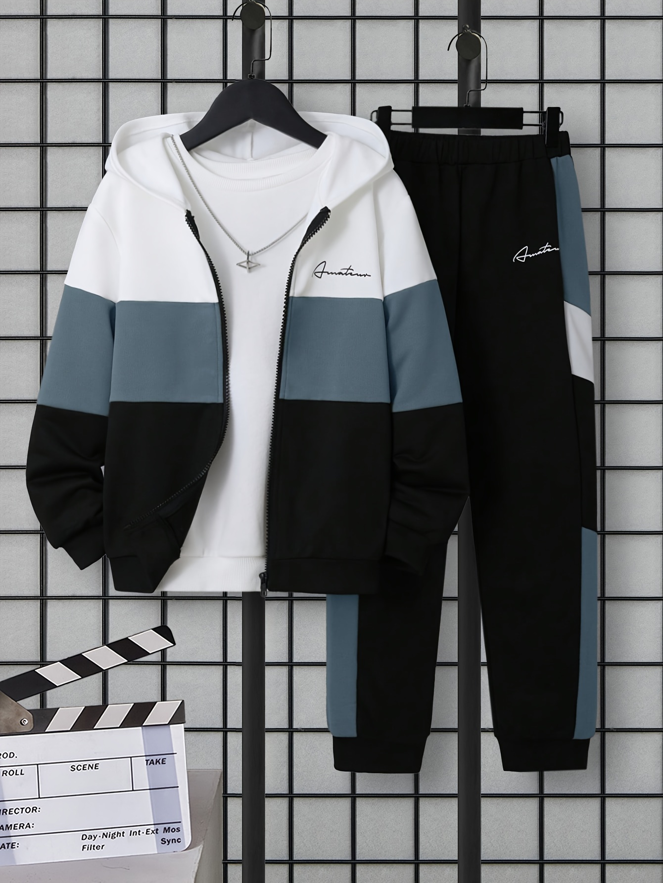 Boys' Spring and Autumn Outing Lettered Zip-Up Long Sleeve Top + Elastic Waist Two-Tone Patched Pants Middle School Casual Comfortable Two-Piece Set, Perfect for Outdoor