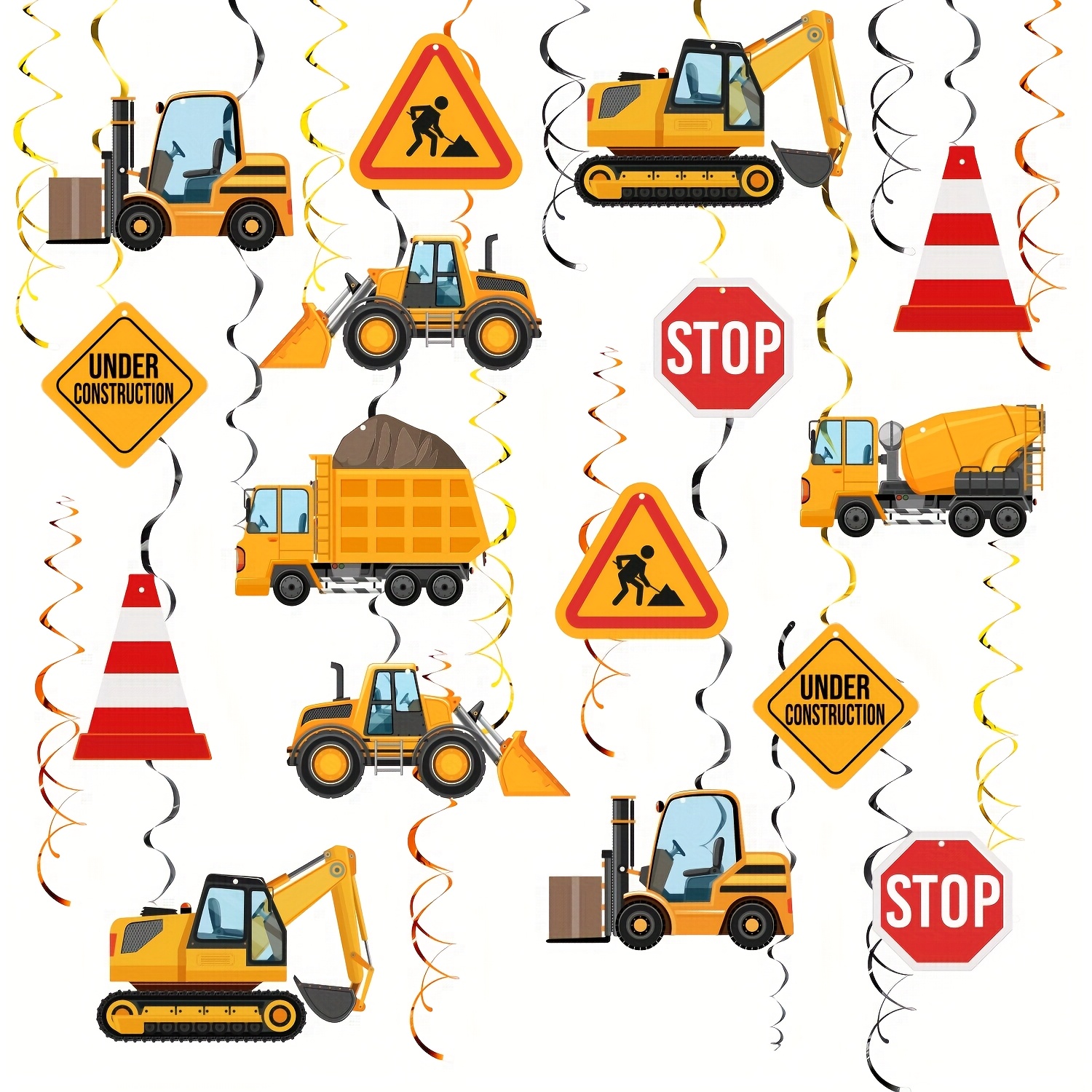 30pcs Construction Hanging Vortex Decorations, Excavator Bulldozer Birthday Party Ceiling Swirls For Festive Wedding And Celebration Supplies
