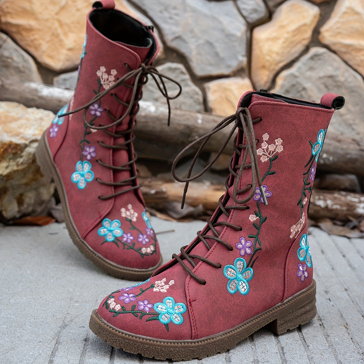 botines mujer bordado floral tacón cierre lateral Temu Spain