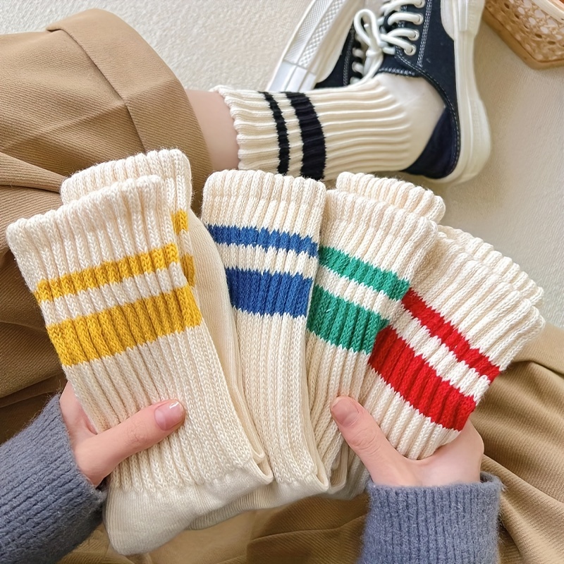 

6 Pairs Striped Chunky Knit Socks, Mid Tube Socks, Women's Stockings & Hosiery