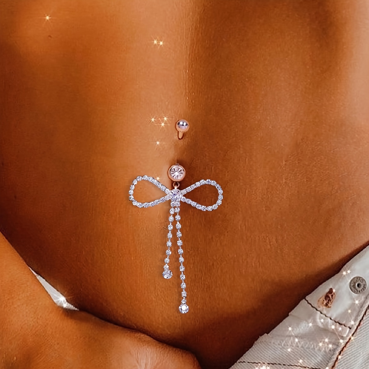 

1pc Silvery Stylish Rhinestone Bow Pendant Stainless Steel Belly Button Ring, Delicate Simplistic, Suitable For All Occasions & Festivals Navel Accessory