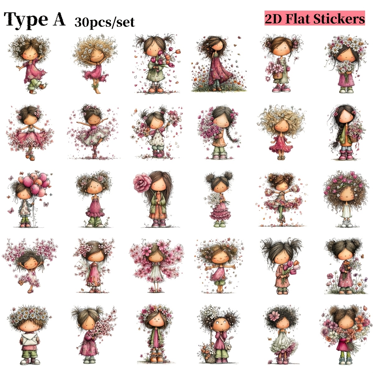 TEMU 2d Flat Stickers 30pcs/set Creative Handmade Spring Flowers Elf Little Girl High Quality Stickers Suitable For Garbage Diary Notebook Decoration