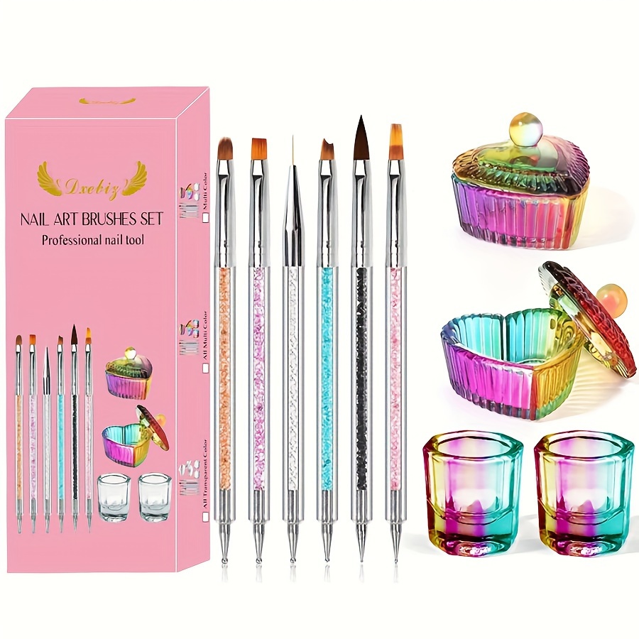 

Nail Art Brush Set With Dual-ended Dotting Pen And Glitter Crystal Dishes With Lids, Manicure Tools Kit In Decorative Box