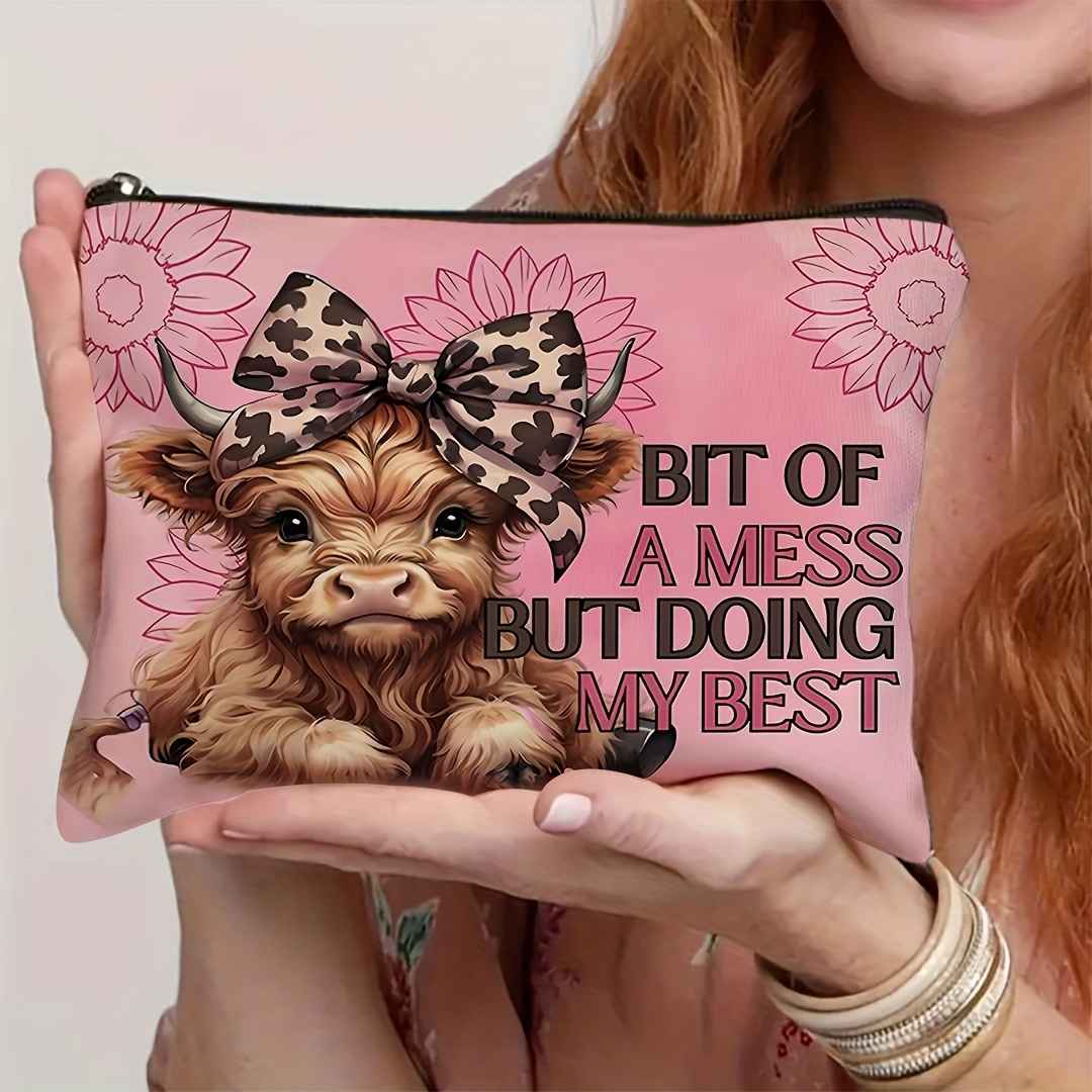 TEMU 1pc Highland Cow Makeup Bag - Cute Cow Design With "bit Of A Mess But Doing " Quote, Durable Fabric Travel Cosmetic Organizer For , Unisex Gift