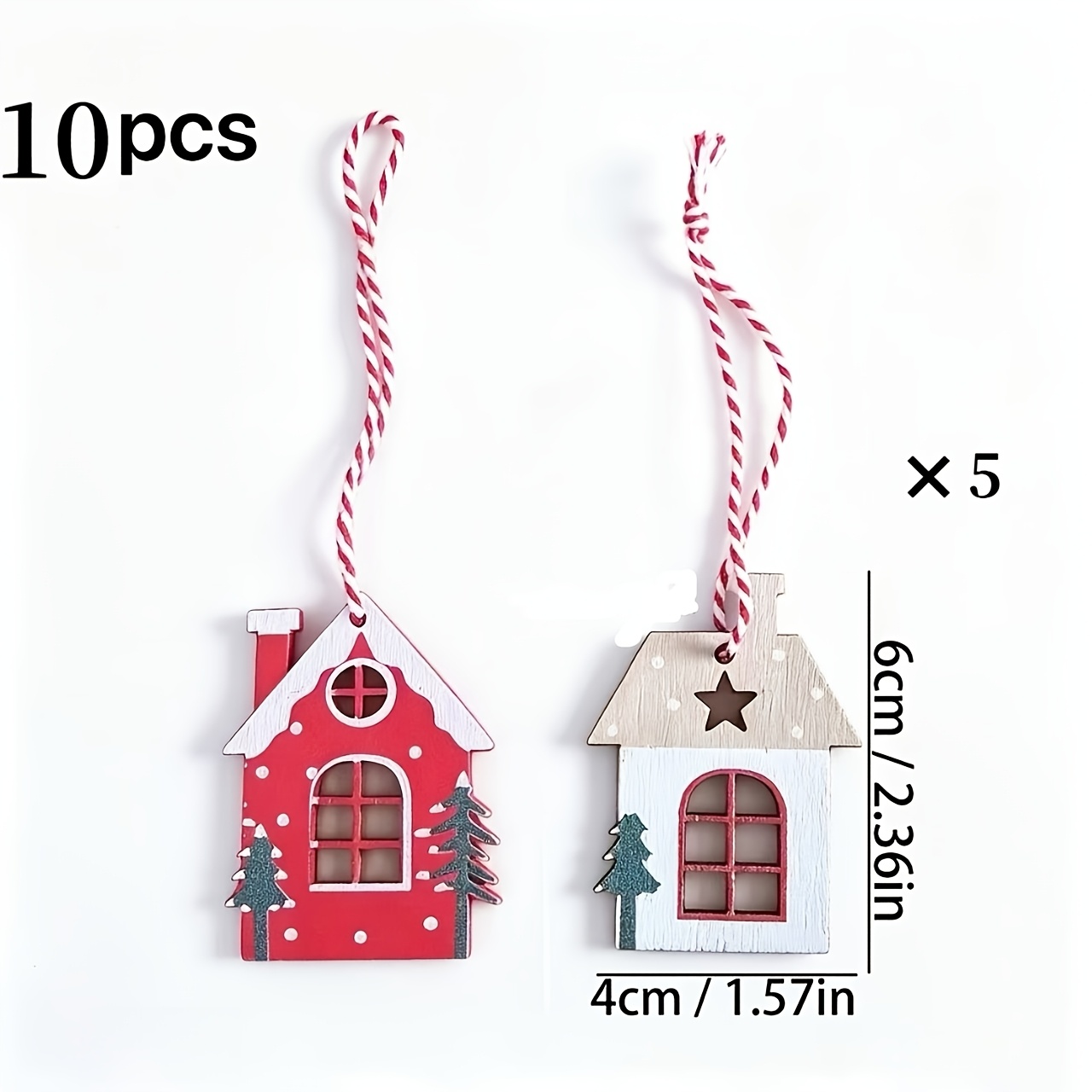TEMU Set de 10 adornos navideños de casa de madera, decoración artesanal con ventanas recortadas de estrellas y cordones retorcidos rojos y blancos