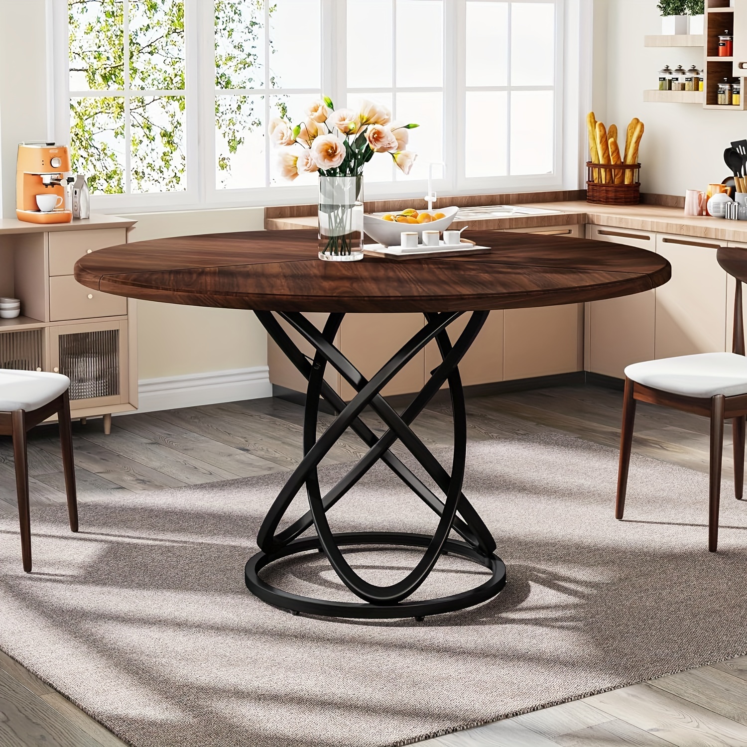 

Round Dining Table For 4-6 Person, 47 Inch Dinner Table Kitchen Table With Metal Base, Wood Dining Room Table Cofee Table For Kitchen, Restaurant, Café, And Black