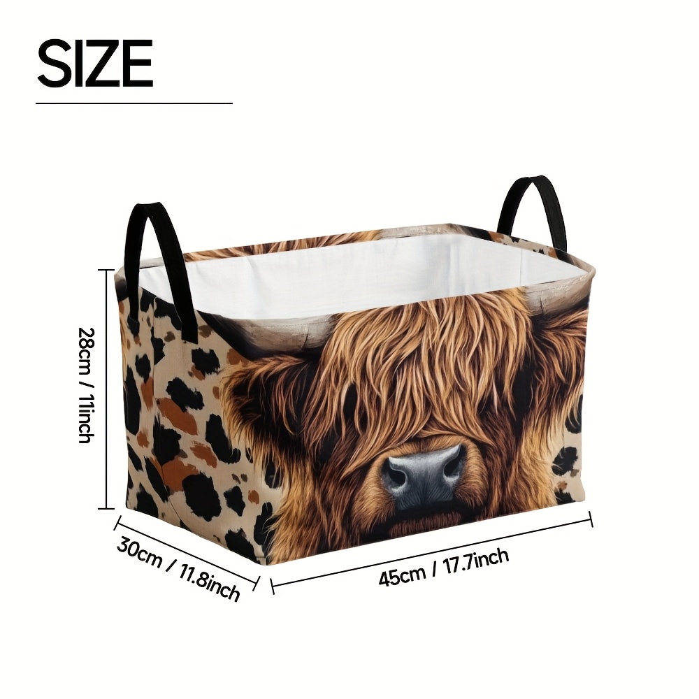 TEMU 1pc, Extra Large Highland Cow Animal Portrait Art Pattern Square Storage Basket, Foldable Oxford Bin With Metal Frame, Large Foldable Organizing