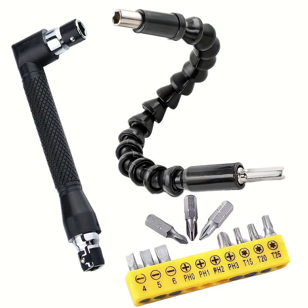 TEMU Flexible Drill Bit Extension Stand + Impact Right Angle Cordless Drill Adapter Attachment + Mini Screwdriver Bit Set 10 Pieces