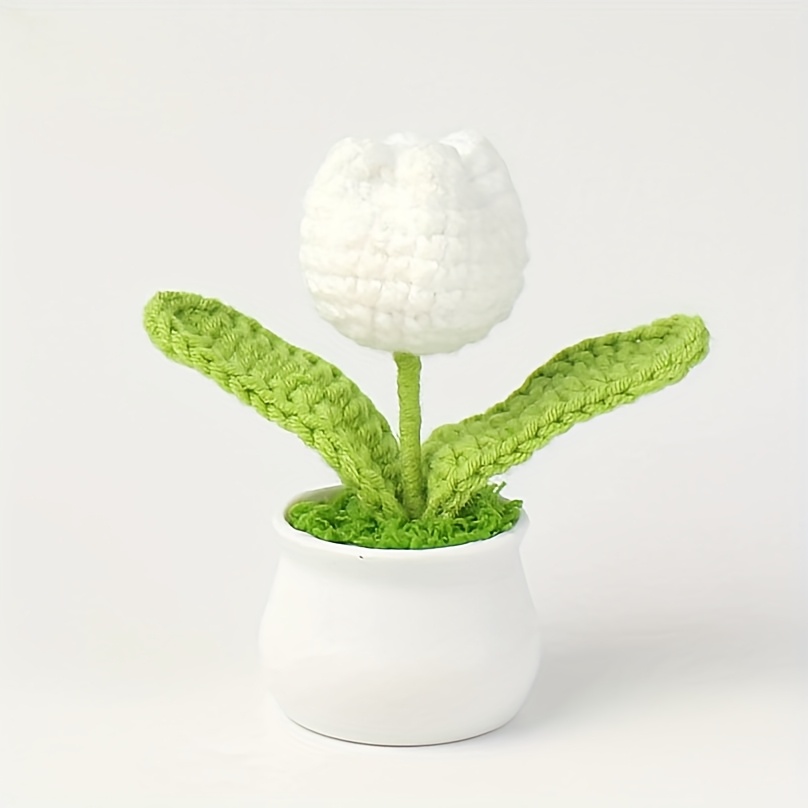 TEMU 1pc Miniature Crochet Pot Decoration, 5.31inx2.28in - Handmade Fabric Artificial Plant For Home, Office, Or Garden Decor, Includes White Pot,