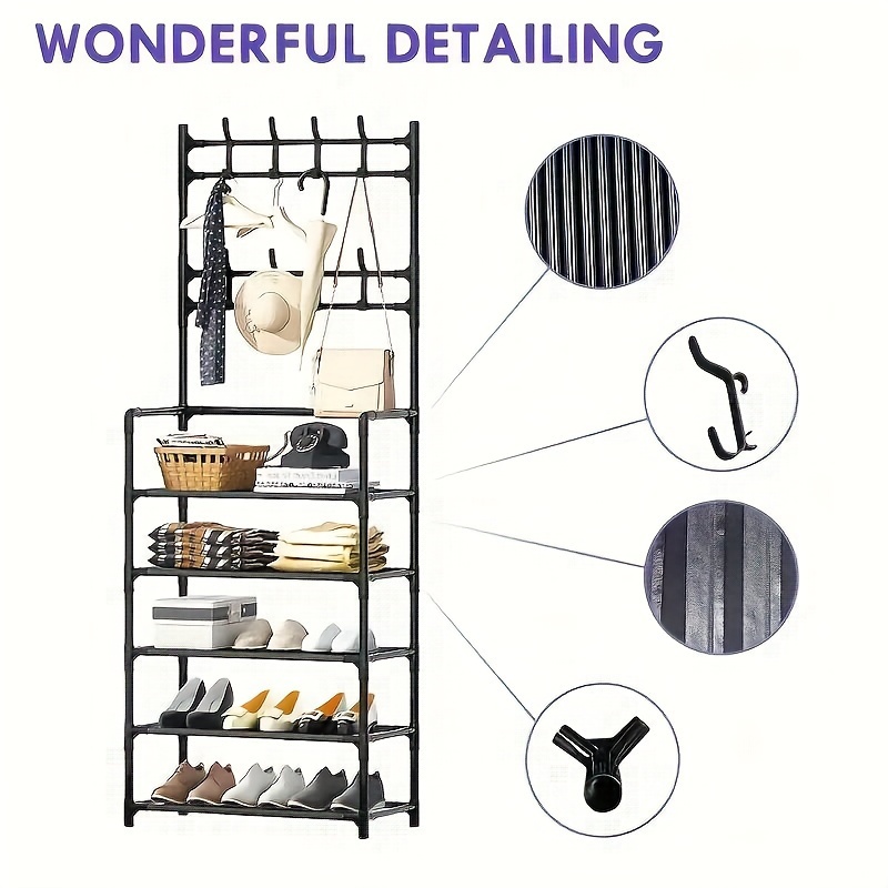 

Versatile Metal Coat Rack & Shoe Organizer, 60cm, Freestanding With Double Hooks And Storage Shelves, Ideal For Home Entryway