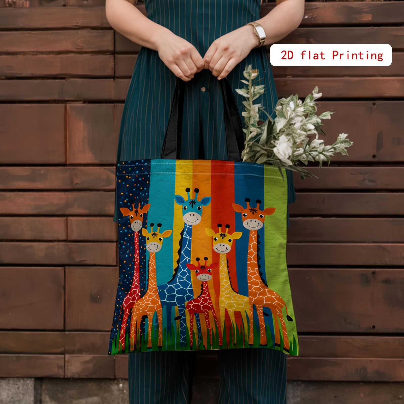 TEMU Tote Bag 2d Double-sided Printed Creative Fashion Handbag, Colorful Giraffe Animal Giraffe-themed Tote Bag Fresh Literary Style Daily Versatile