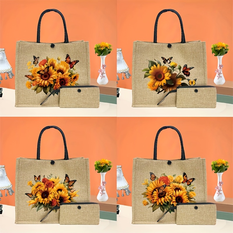 

2pcs Sunflower Pattern Tote Bag Set, Lightweight Burlap Shopping Bag With Coin Purse, Portable Travel Beach Bag