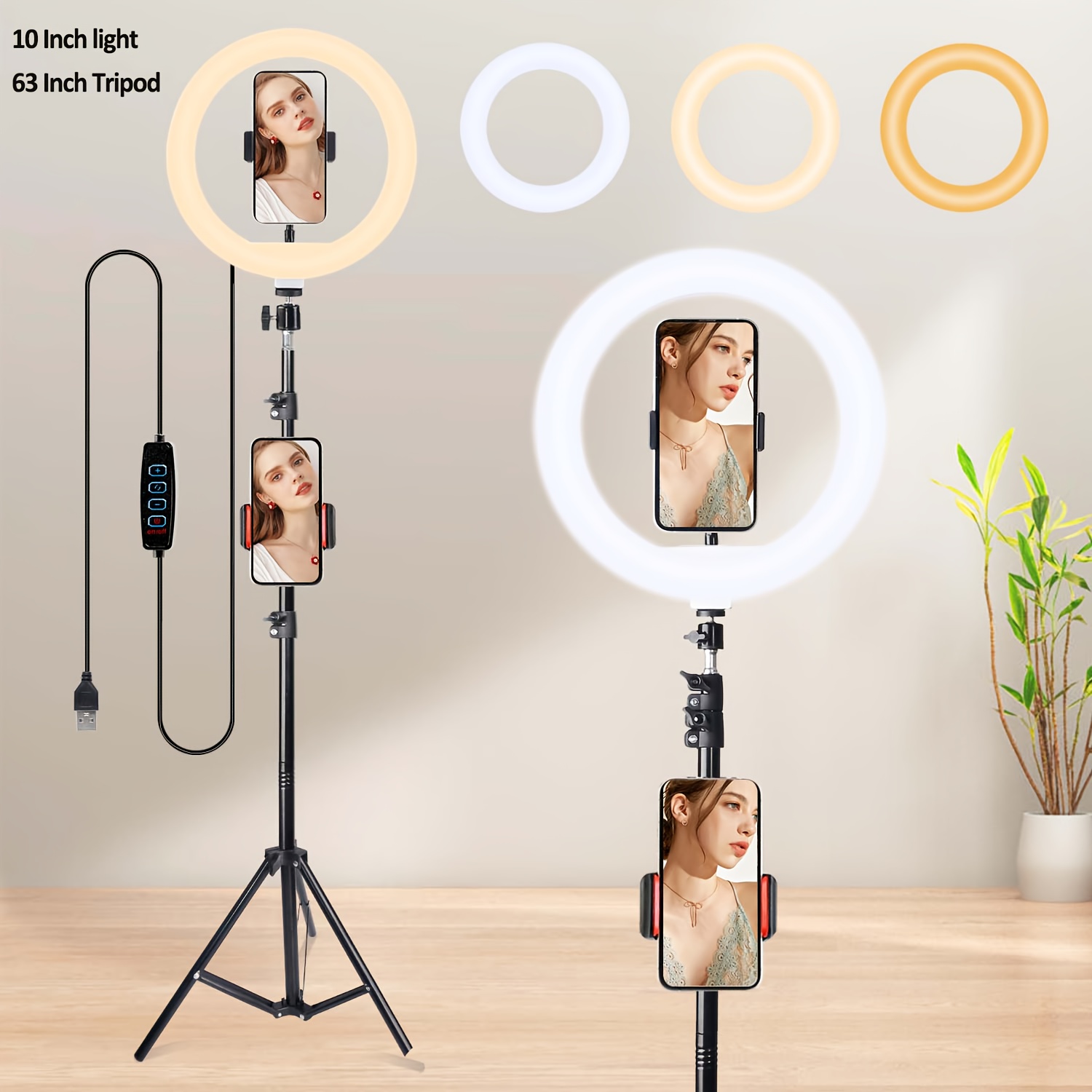 TEMU [zomei] 10/12-inch Led Selfie Ring Light, Compatible With Dual Phone Clips/adjustable Bracket - 3 Color , 12 Brightness Levels, Usb Powered,