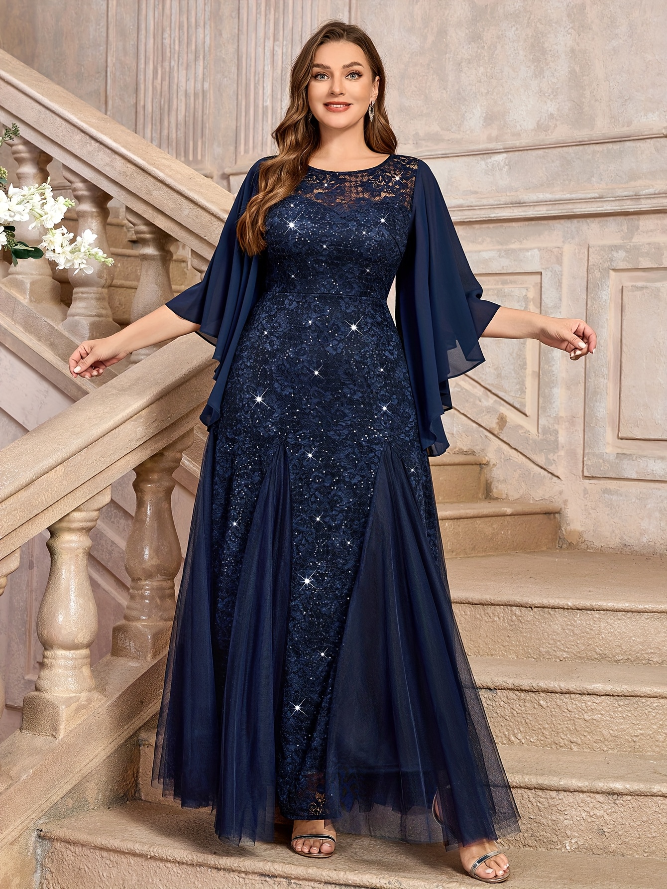 Cape Dress Navy Blue Sequin Dress Plus Size Plus Size P84132A