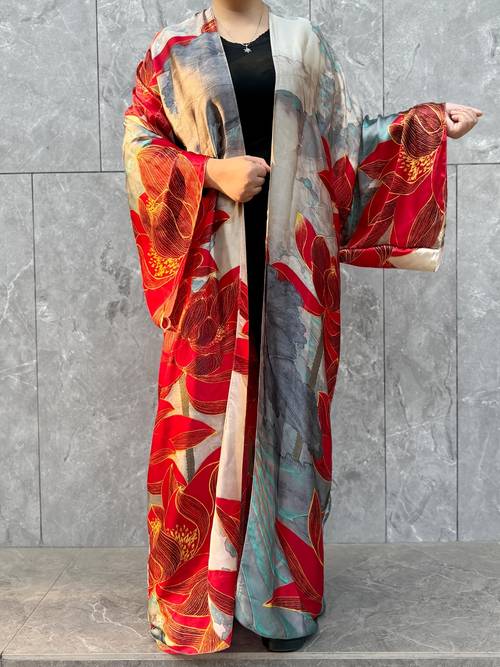 plus size plus size 2026 new plus size cardigan beach skirt fiber spring summer autumn and middle eastern robe loose long sleeved dress bohemian positioning printed robe kimono