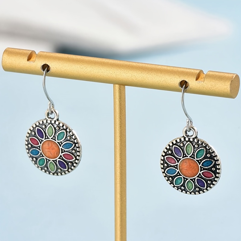Vintage Round Oil Drop Flower Dangle Earrings For Women, Alloy & Copper Earring Set, Retro Elegant Jewelry For Daily Wear details 1