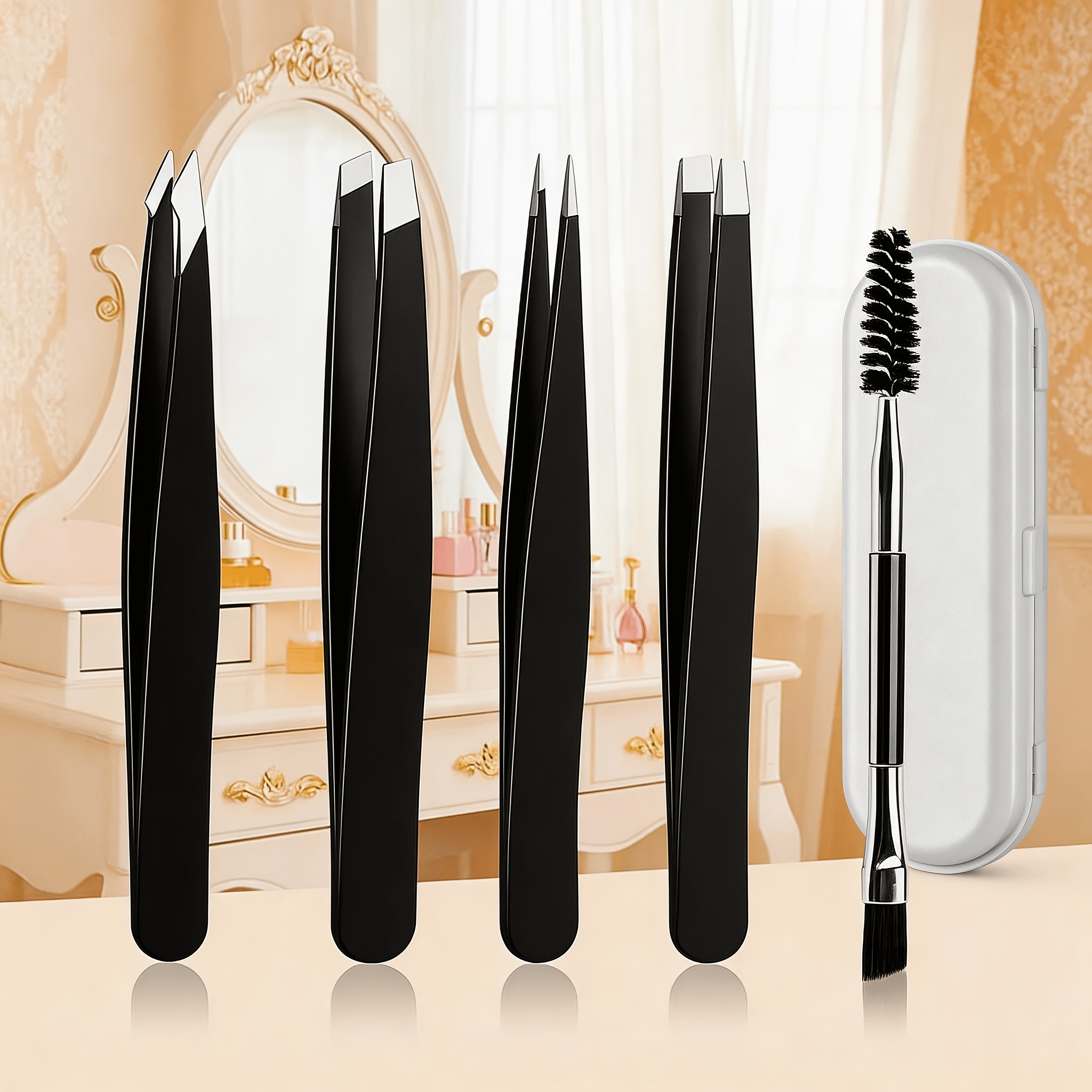 TEMU Set Of 5 Professional Matte Black Stainless Steel Tweezers For Eyebrow Shaping, Featuring Slant, Pointed, And Flat Tips, Includes Brush And In A