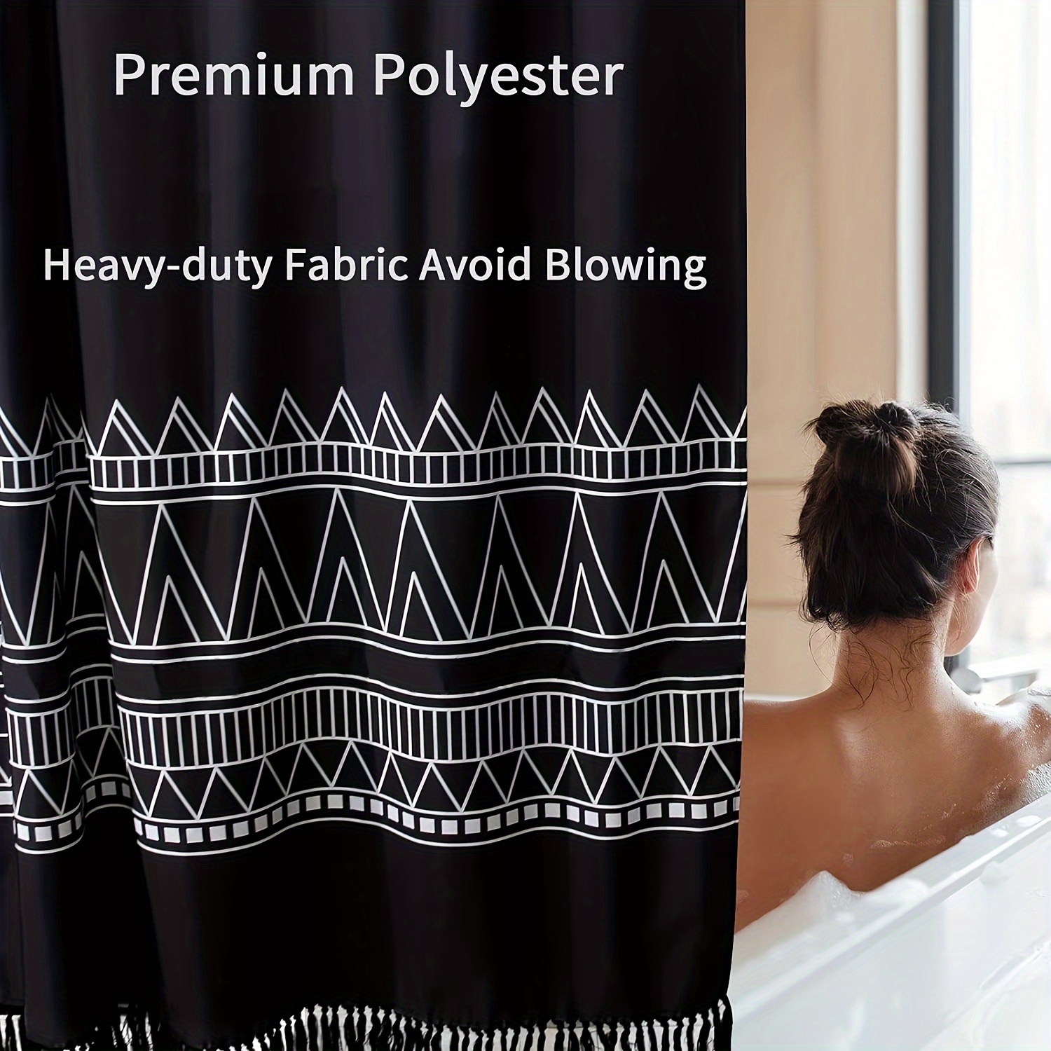Black Boho Shower Curtain Set with Hooks