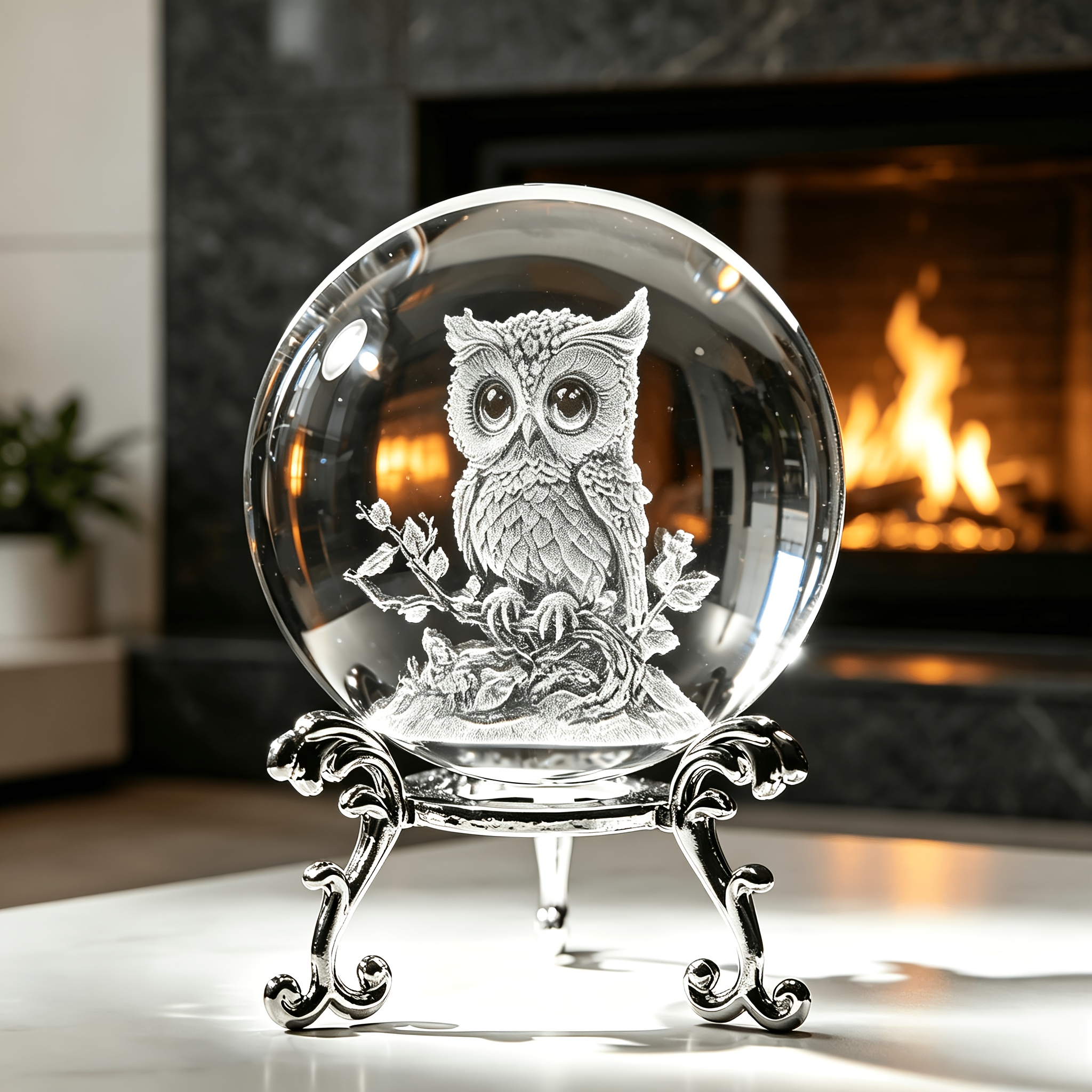 TEMU Forest Branch Owl 3d Carved Crystal Ball, Light Stand, Japanese Wooden Tea Room Gentle Desktop Ornament