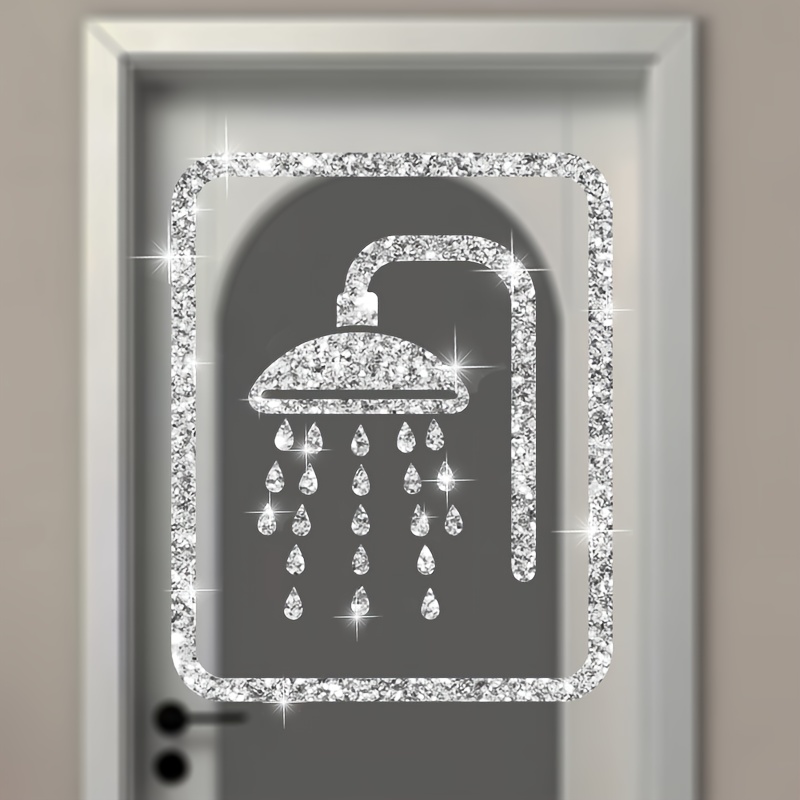 Image of Shiny Showerhead Bathroom Wall Stickers - Self-adhesive Shower Door Decals With Glittering Rain Shower Design, Easy To Apply & Remove, No Residue Remover