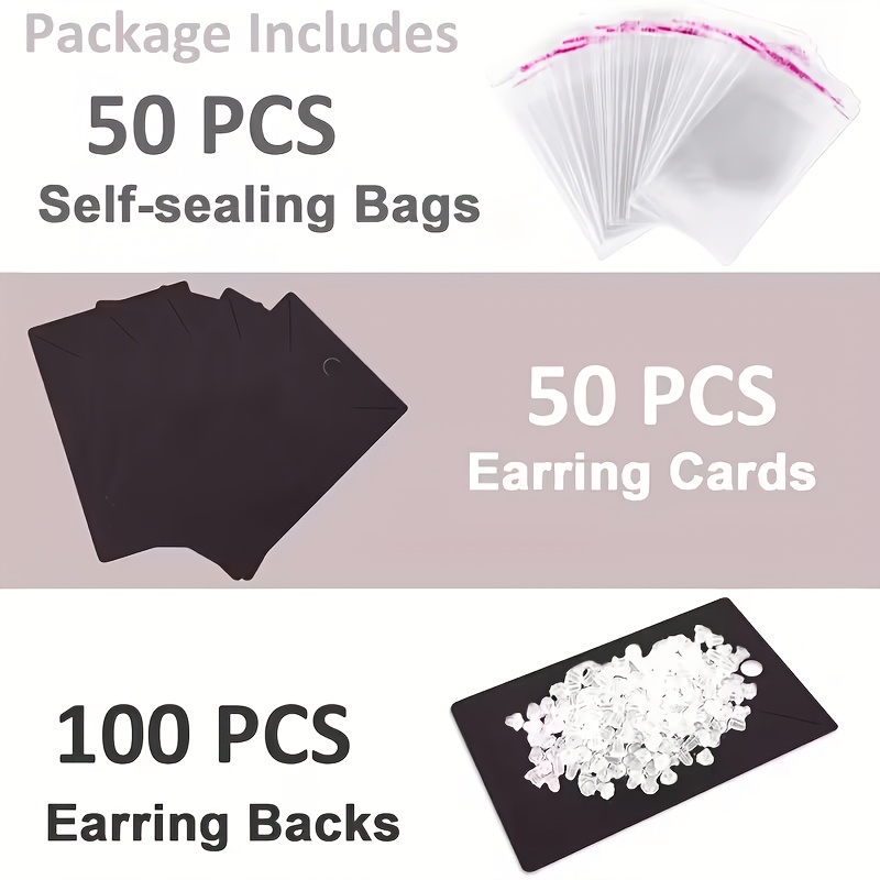 Image of 200pcs Earring Card Set, Including 50 Earring Display Cards With Stands, 50 Opp Bags, And 100 Earring/necklace Jewelry Backboards. 50+50
