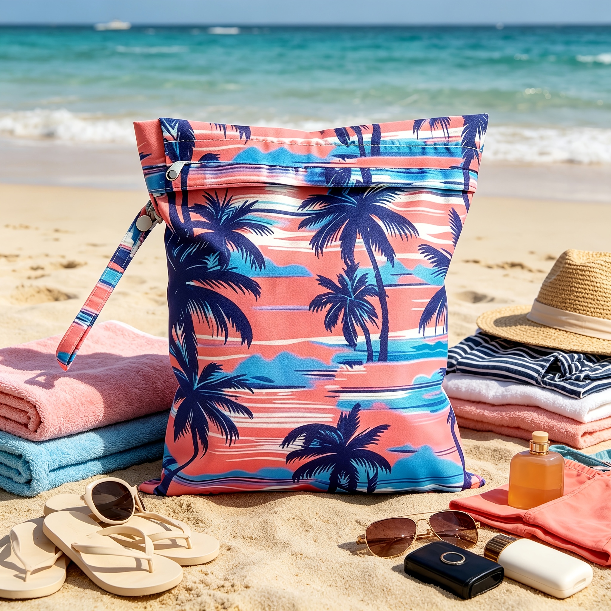 Reusable Wet Storage Bag with Tropical Palm Print Pattern, Designed for Diaper Storage. Dimensions: 9.84in*12.2in. Perfect for Storing Swimwear, Travel Essentials, Beach Items, and Pool Supplies. Ideal for Themed Gifts and Holiday Presents