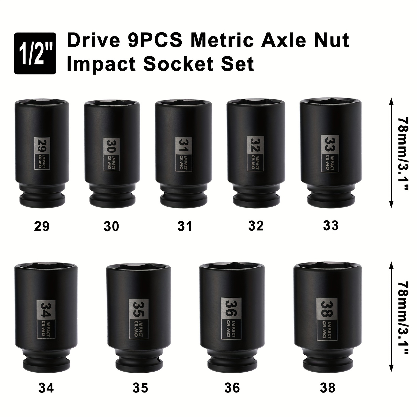 9pcs 1 2 inch drive deep impact socket set 29 38mm spindle axle nut 6 point sockets metric sae deep 6 point cr mo 90mm length 29mm 30mm 31mm 32mm   34mm   36mm 38mm 1 3 8 1 3 4
