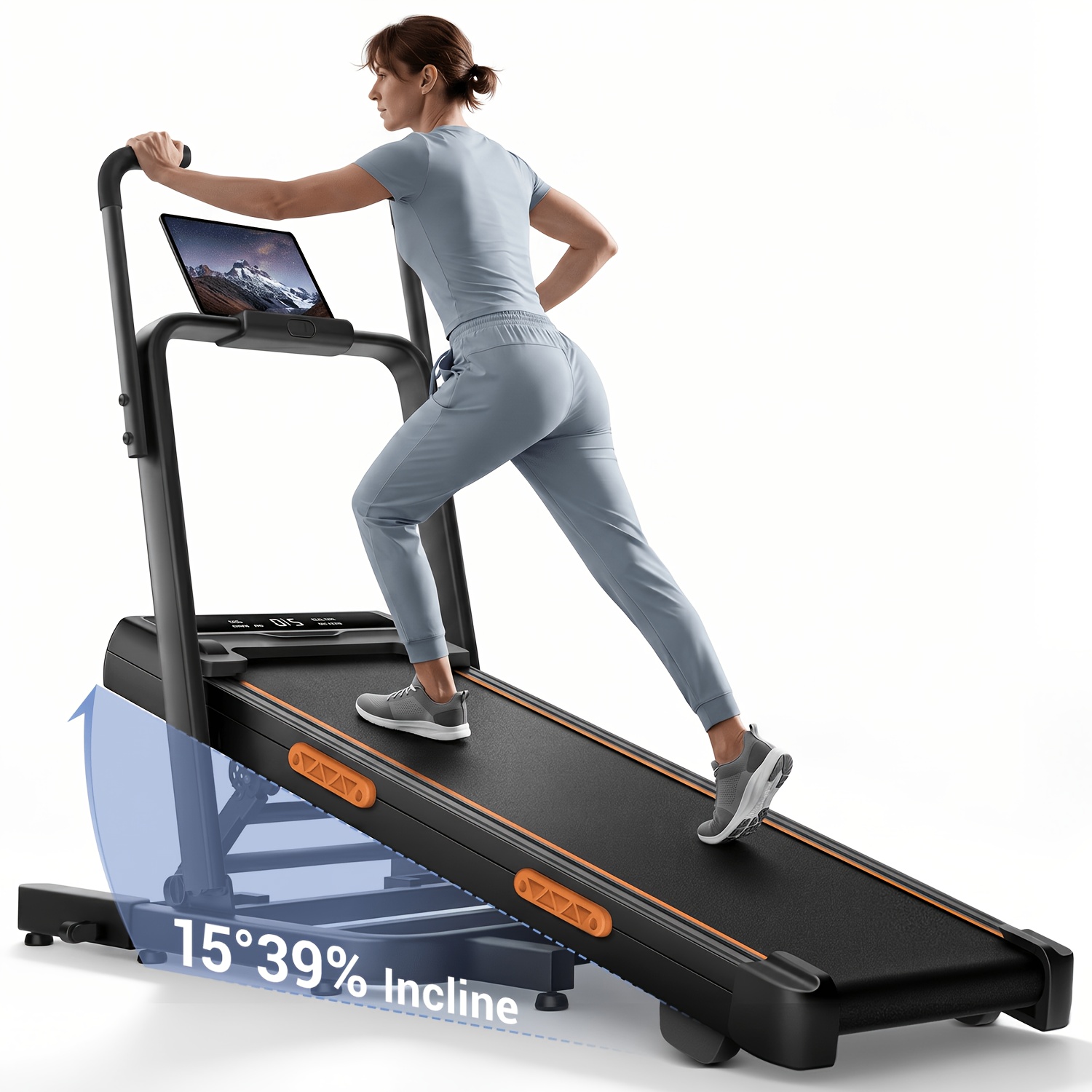 Folding Walking Pad Treadmill With 15° 39% Incline, 3.0hp Motor, 350 Lbs Capacity, 6.2 Mph Elevated Handlebars, Tablet Holder For Tall Users, Without Battery