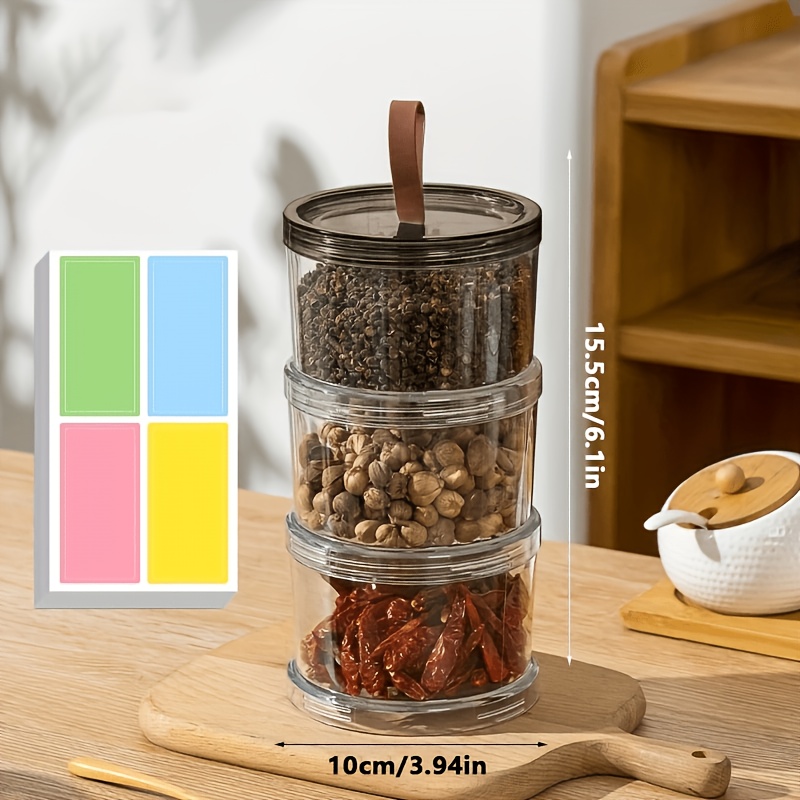 TEMU 3-layer Circular Spice Storage Container With 4pcs Label Stickers, Transparent Sealed Food Storage Box, Reusable Container For Grains, Bulk