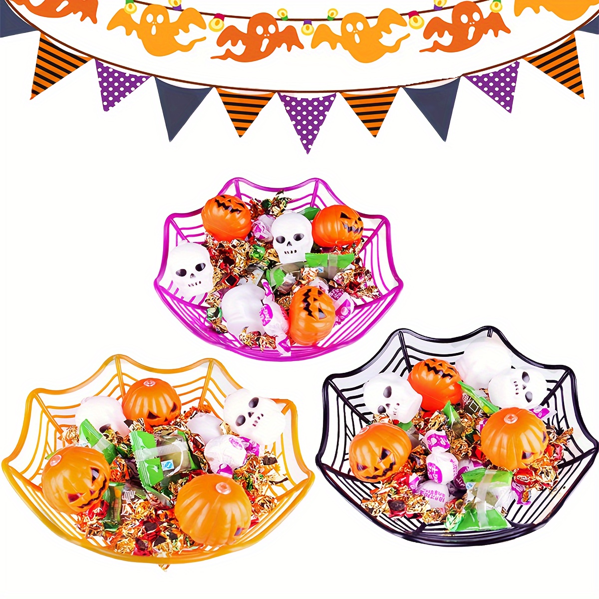 

3-pack Spider Web Hollow Candy Bowls - Plastic Spider Design Treat Baskets, Mixed Color, Perfect For Home, Restaurant, Festive Party Supplies