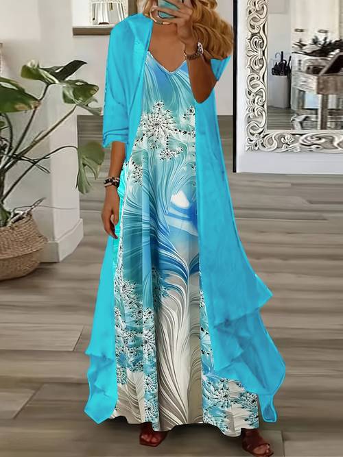 print midi dress set for women v neck long sleeve with matching cardigan outfit machine washable